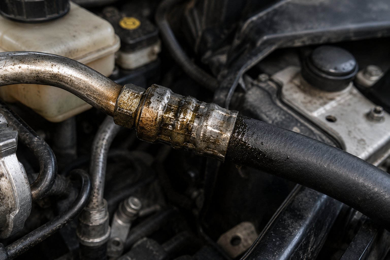 Oil Around AC Hose Fittings Warning